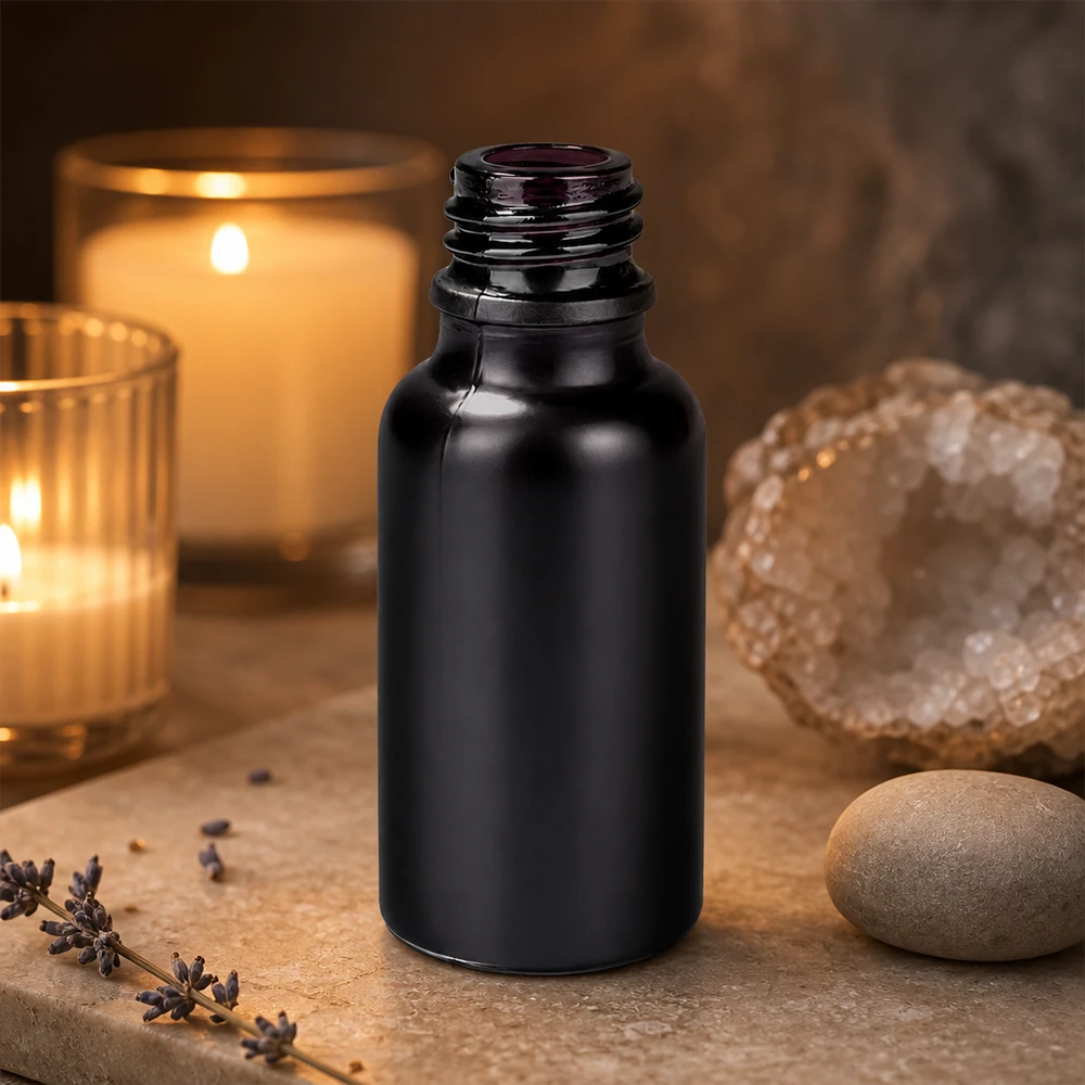 20 ml apoteksflaske BlackLine UT18/20 UNiTWIST Sort 20 ml glasflaske BlackLine UT18/20 med matteret overflade til aromaterapeutiske olier