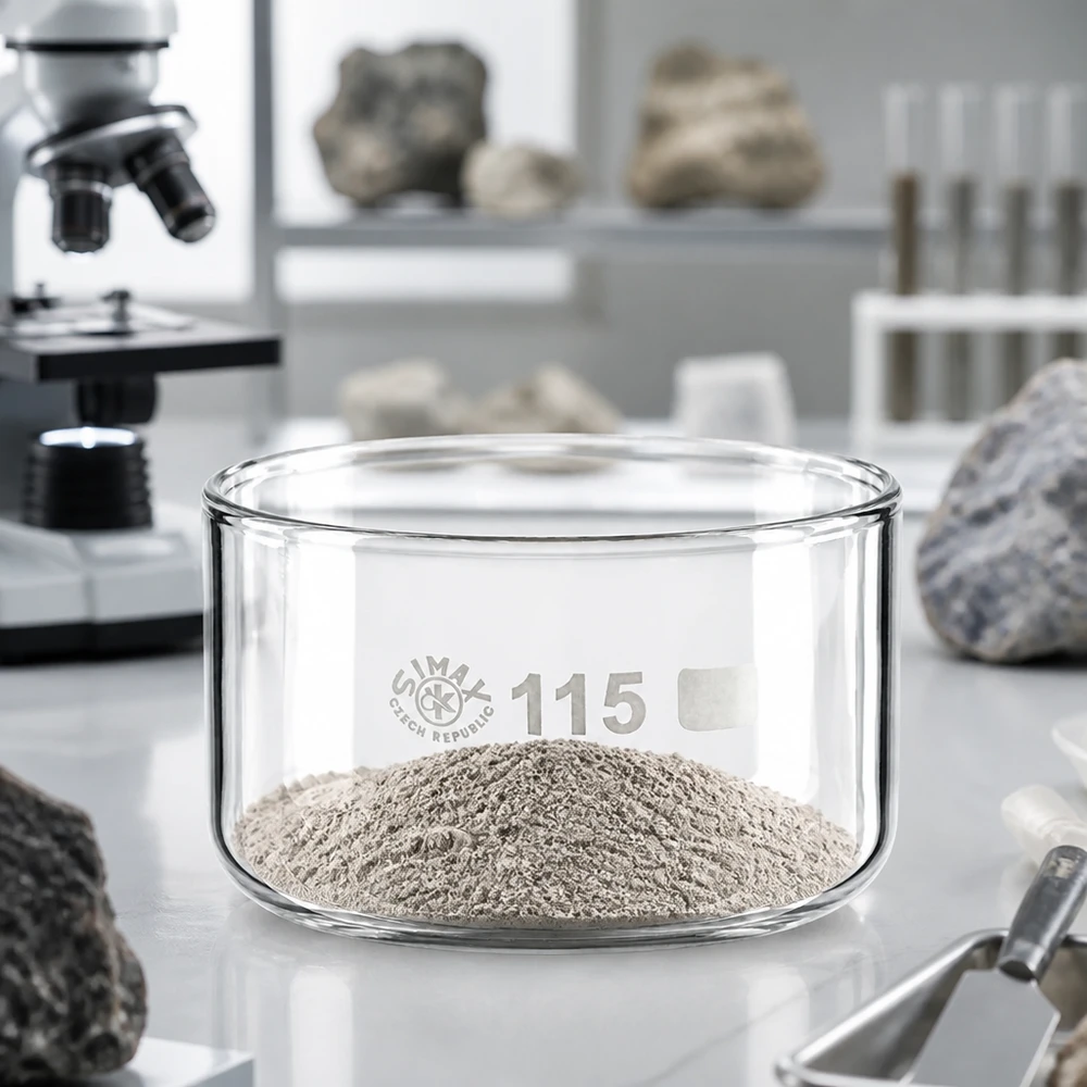 Krystalliseringsskål 500 ml uden tud Borosilikat SIMAX-krystalliseringsskål på 500 ml med gråt mineralpulver på en hvid laboratoriebordplade