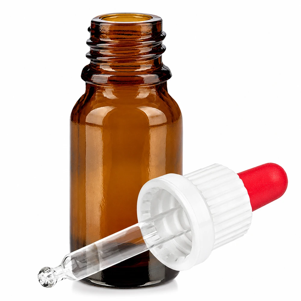 10 ml pipetteflaske hvid/rød OV BrownLine UT18/10 Brun 10 ml glasflaske med pipette og rød dråbetæller til æteriske olier og serum