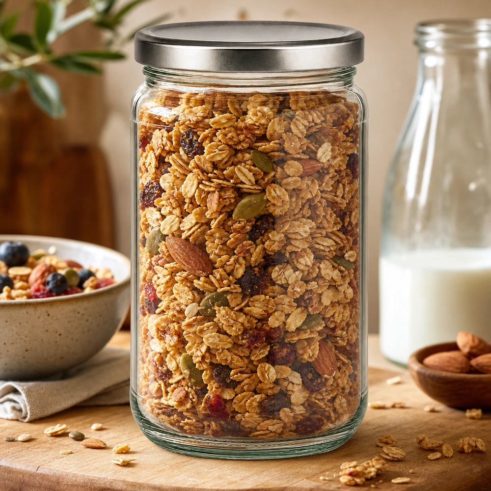 305 ml rund krukke med BasicSeal-låg sølv UNiTWIST 305 ml rund krukke med BasicSeal-låg i sølv fyldt med müsli og nødder som opbevaringskrukke i det naturlige køkken