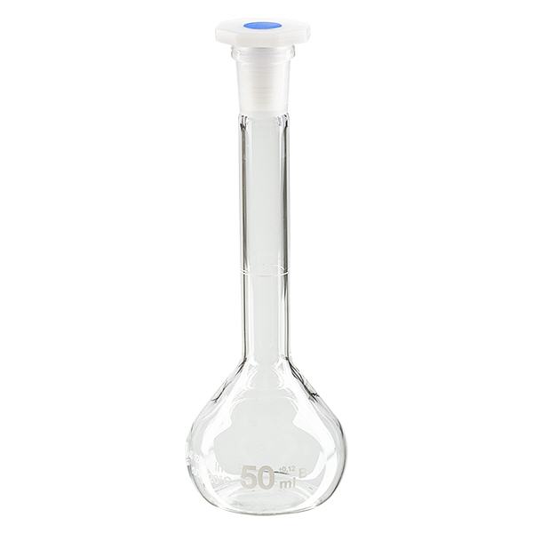 Målekolbe 50 ml med standard slebet led og PEHD-prop Målekolbe 50 ml med standard slebet led og PEHD-prop