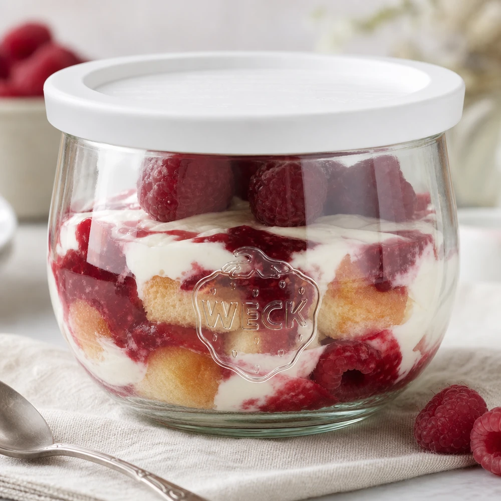 580 ml tulipankrukke med friskhedslåg WECK RR100 WECK tulipankrukke 580 ml med frisk låg som dessertskål til lagdelte desserter med hindbær og fløde