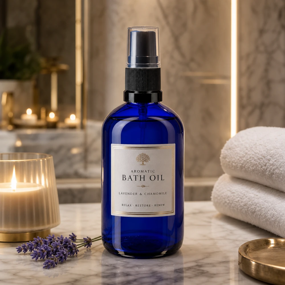 Blå 100 ml sprayflaske af apotekerglas med etiket med motivet »Aromatic Bath Oil« på marmor