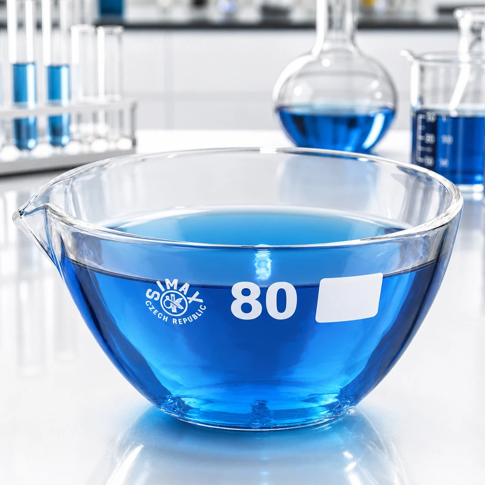 90 ml fordampningsskål med borosilikat-tud Kompakt 80 mm fordampningsskål af borosilikatglas med tud til effektive laboratorieprocesser