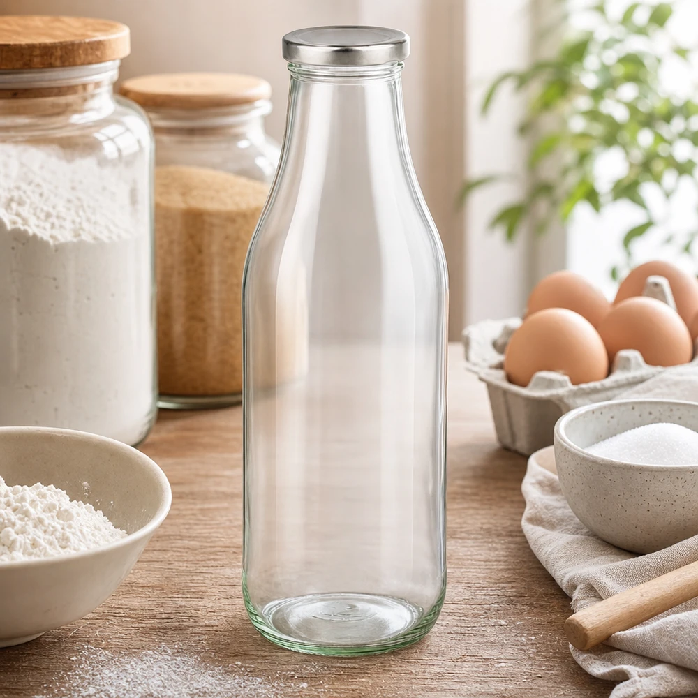 1000 ml glasflaske + BasicSeal-låg sølv UNiTWIST. Absolut lækagesikker med stort TO48-låg. Til mælk, juice og limonade. Glasflasche 1000ml in stilvoller Küchenumgebung mit Backzutaten und Dekoration für den täglichen Gebrauch