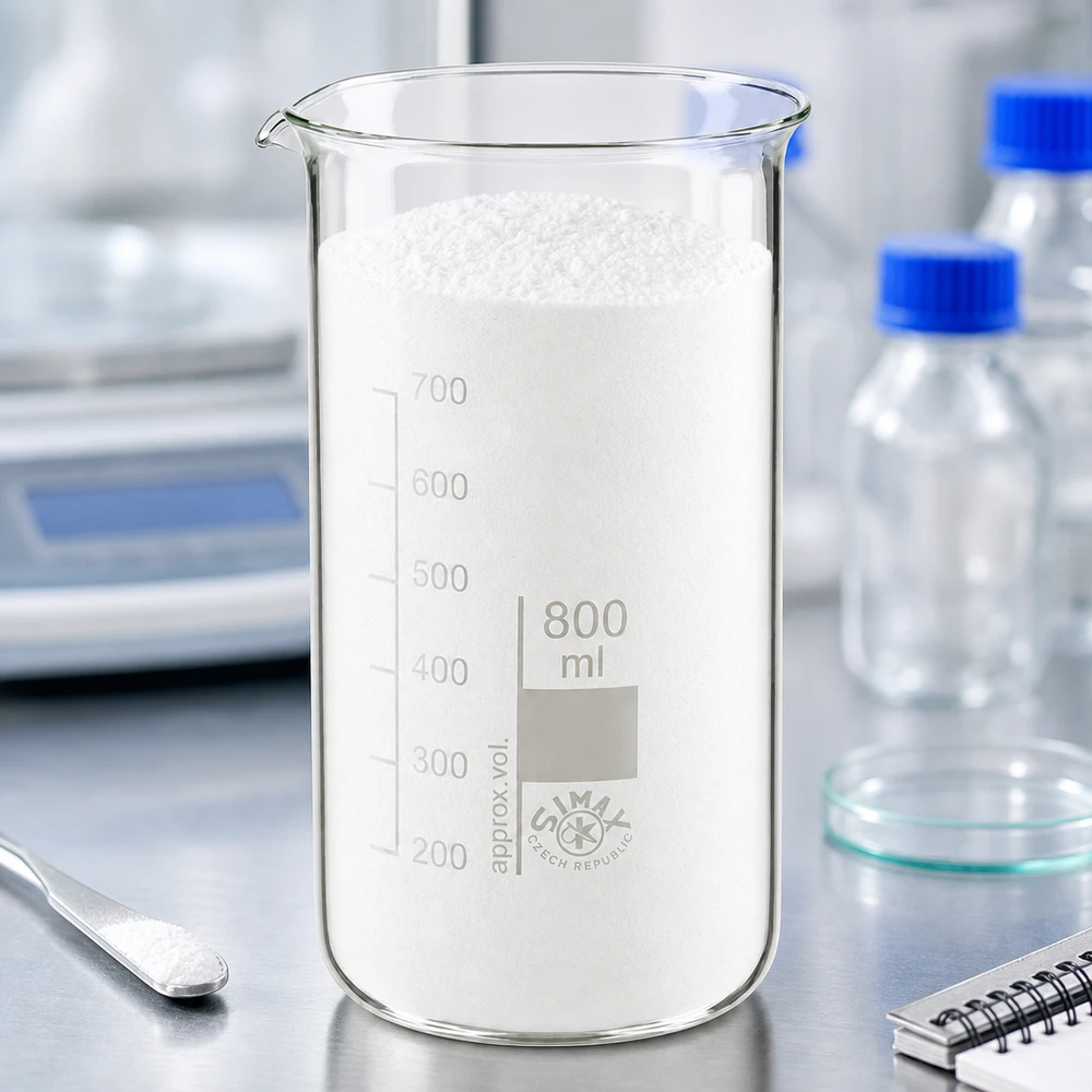 Bægerglas 800 ml borosilikatglas, høj form 800 ml begerglas, høj model, fyldt med hvidt pulver på en laboratorievægt på et SIMAX-bord i rustfrit stål