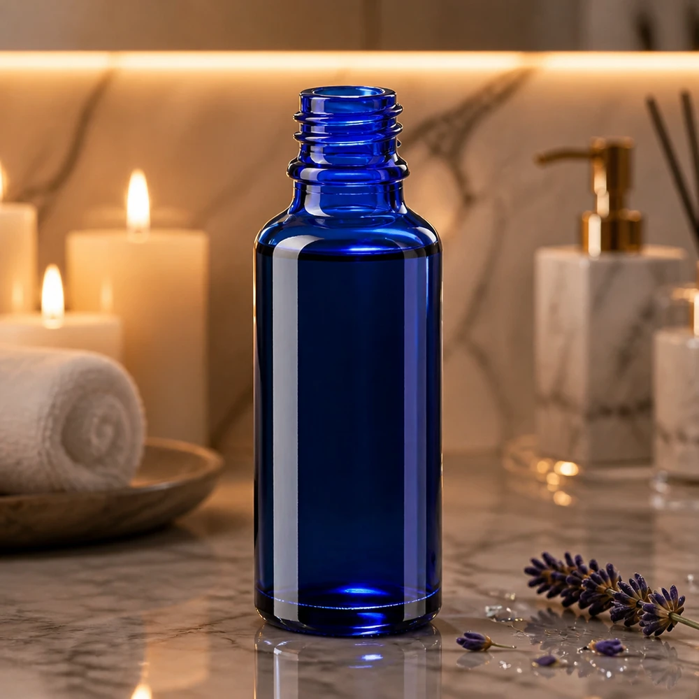 Blå 30 ml ApoGlas-glasflaske på marmor med lavendel og stearinlys i spa-stemning