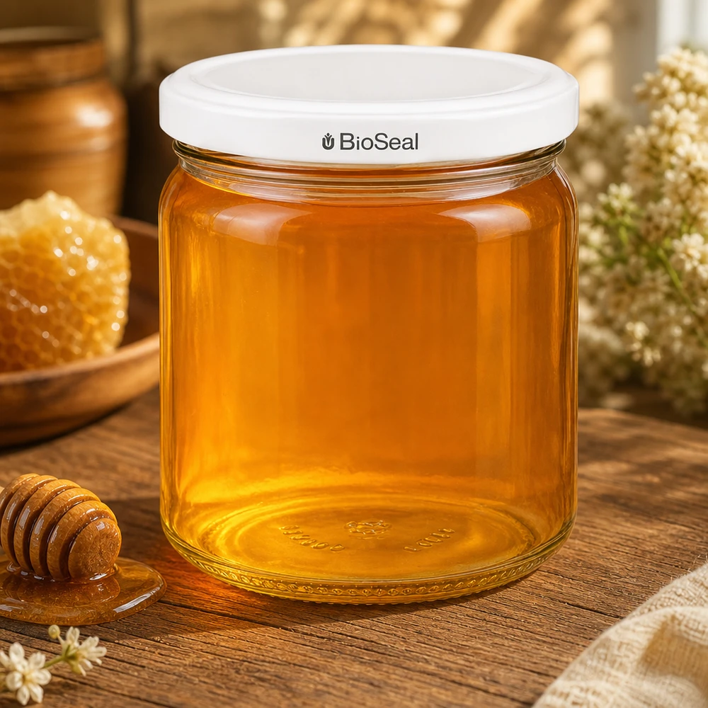 UNiTWIST Runda408 med hvidt låg TO82 BioSeal UNiTWIST Runda408 fyldt med gylden honning - traditionel honningopbevaring i en glaskrukke med hvid TO82 BioSeal