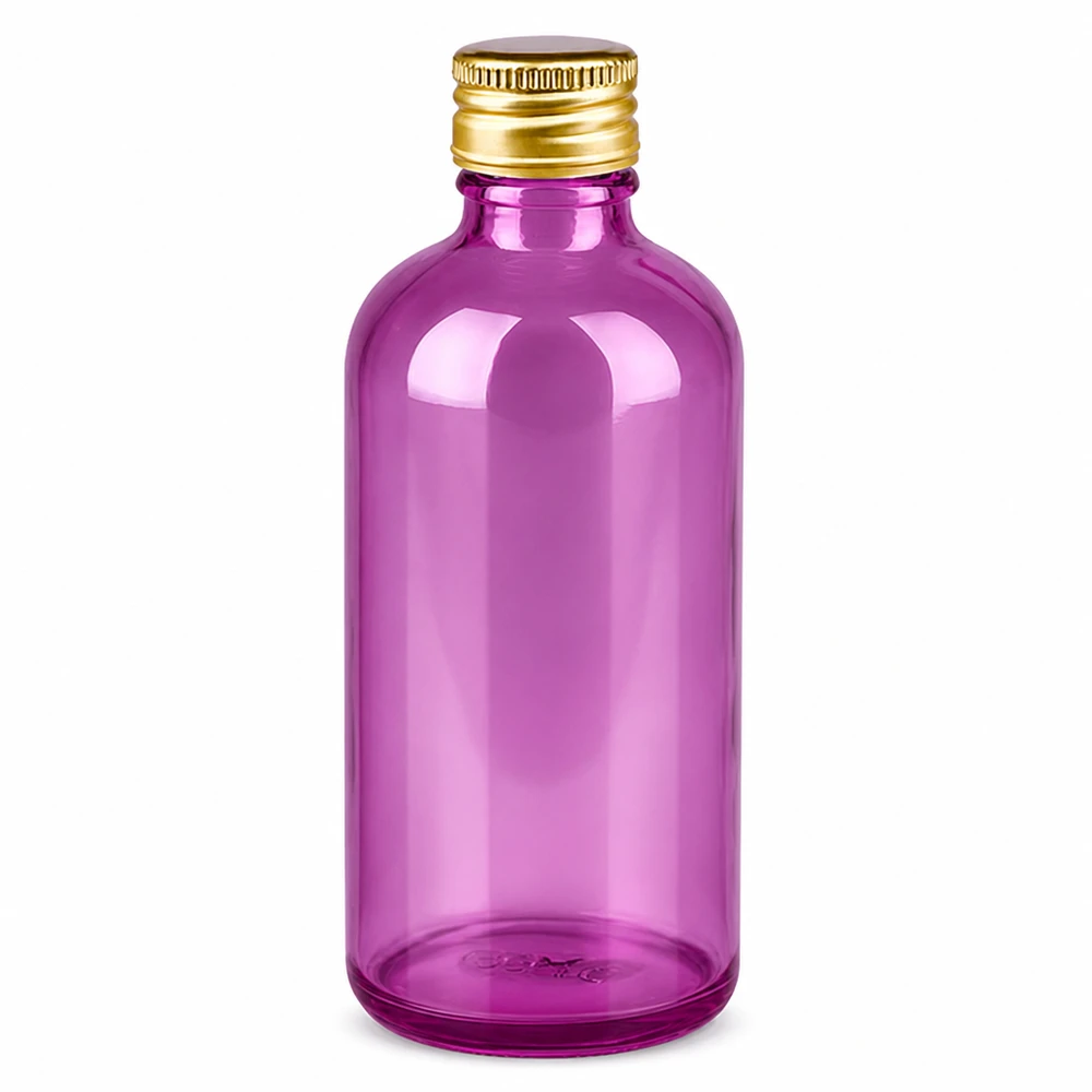 100 ml flaske 11 mm skruelåg aluminium guld standard PurpleLine. UT18/100 100 ml glasflaske i lys violet med guldfarvet aluminiumshætte til kosmetik og lægemidler