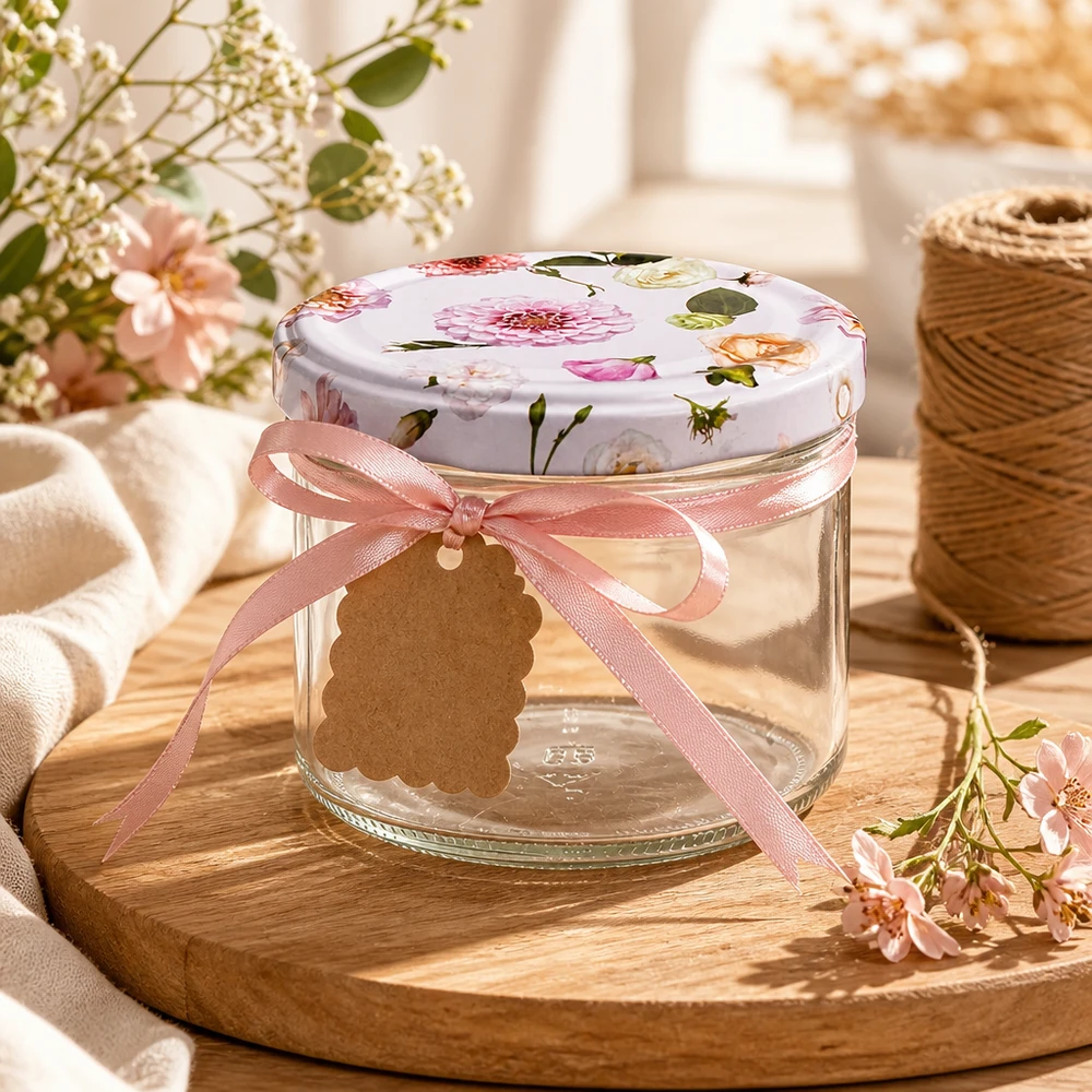225 ml væltet glas + BasicSeal låg Blume rosa UNiTWIST 225 ml murerbalje med lyserødt blomsterlåg dekoreret med sløjfe og gavemærke på træbakke