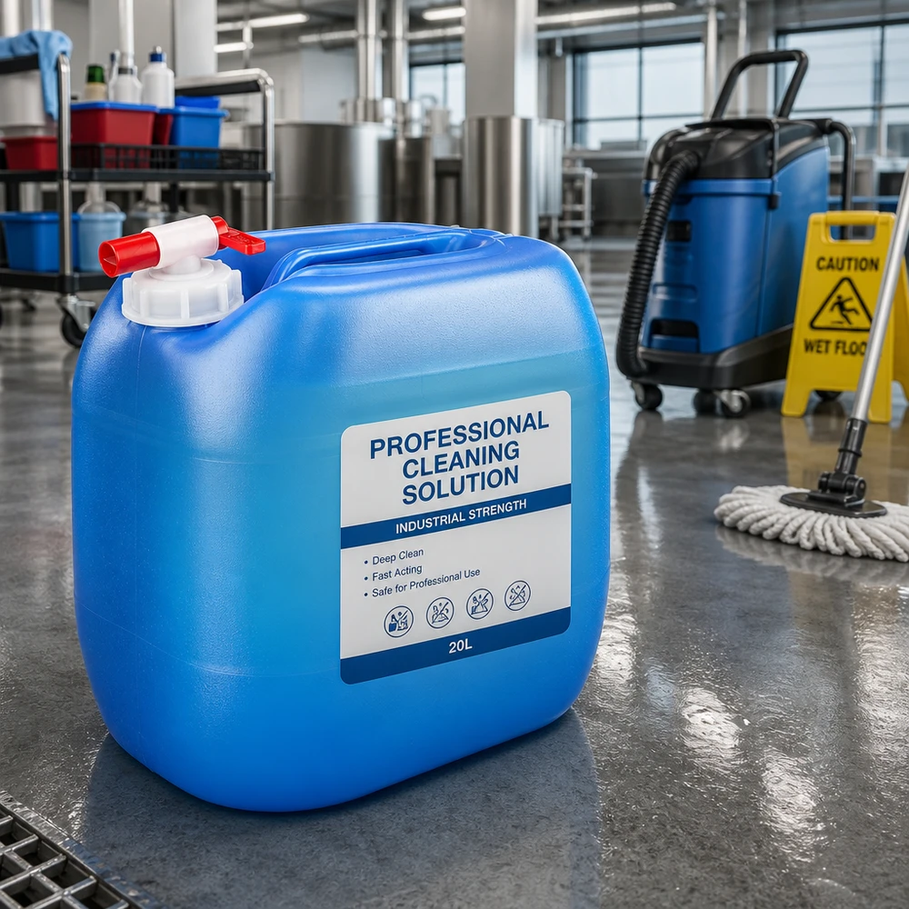 30 liters blå dunk med taphane Stor blå rengøringsmiddelbeholder på 30 liter med udløbshane i en professionel industrihal