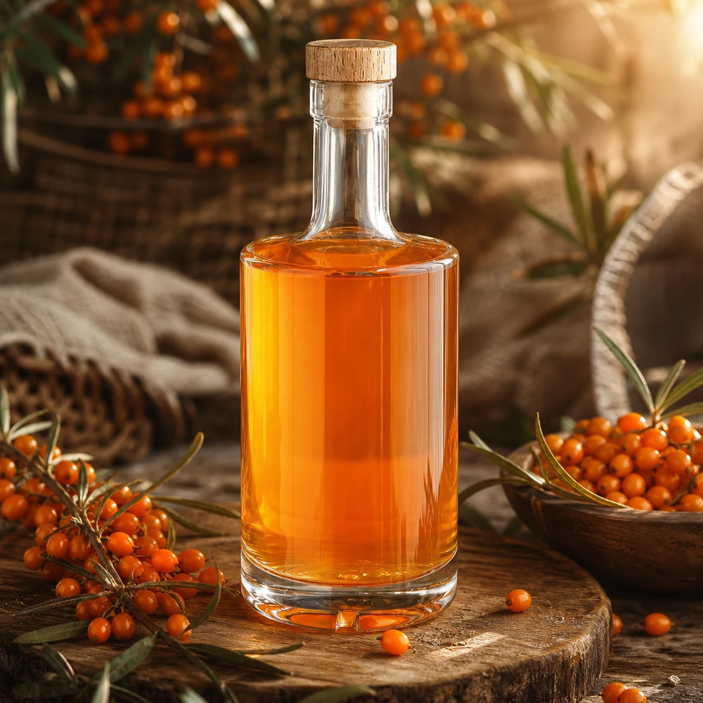 500 ml glasflaske »Nora« med træhåndtag og prop UNiTWIST® 500 ml glasflaske Nora med havtornlikør orange træprop UNiTWIST rustikt præsentationstræbræt bær