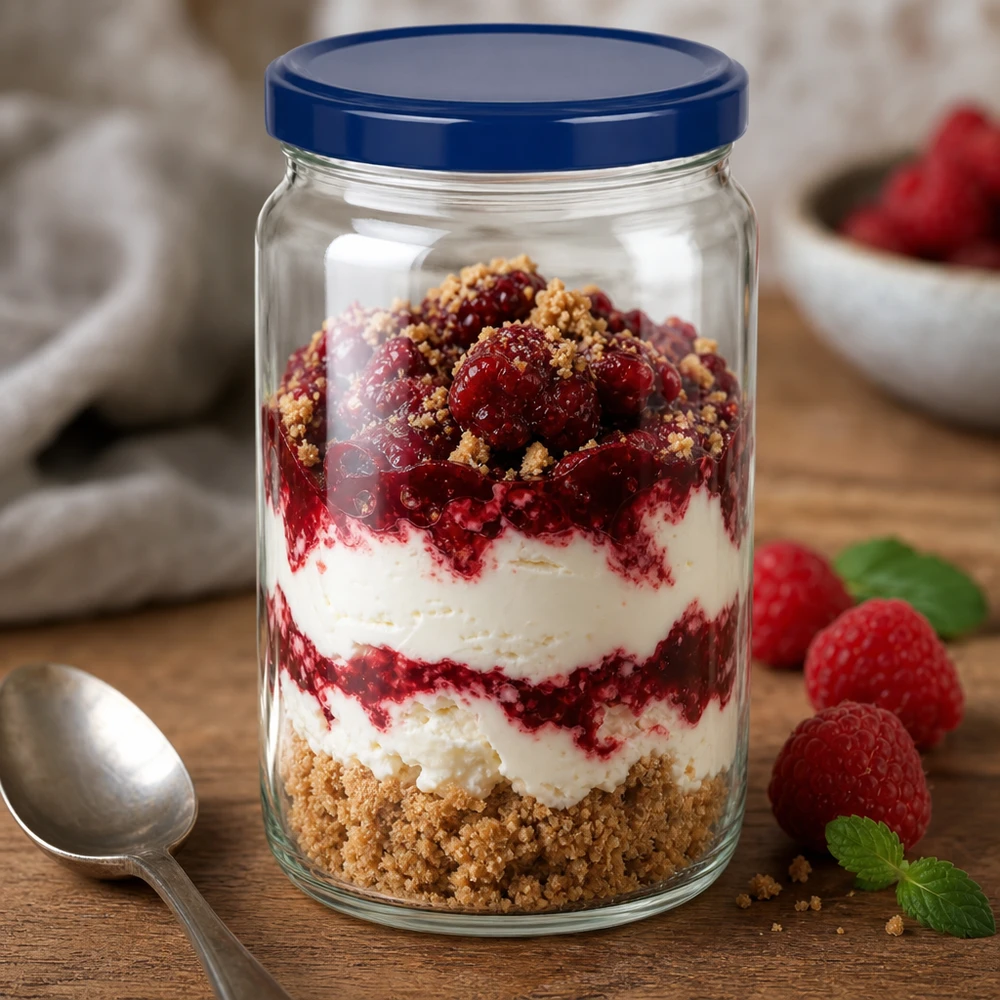 795 ml rund krukke + BasicSeal-låg blå UNiTWIST 795 ml rundt glas med blåt UNiTWIST-låg fyldt med en lagdelt dessert af bærcreme og kiksekrummer på et træbord