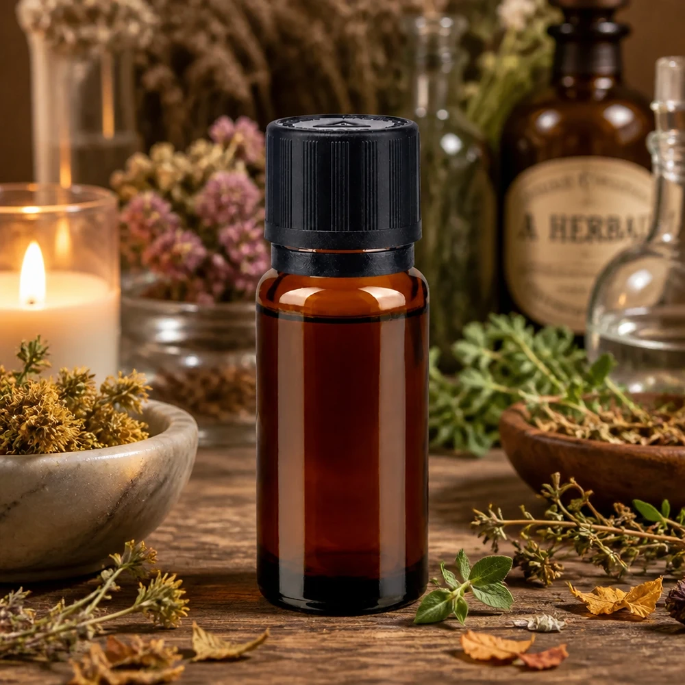 10 ml dråbeflaske af apotekerglas med 1 mm åbning og originalitetslukning blandt lægeurter