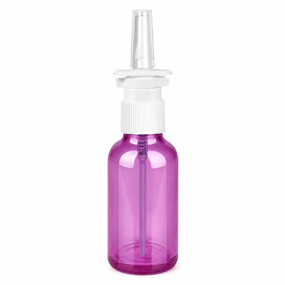 30 ml næsesprayflaske hvid/transparent standard PurpleLine. UT18/30 30 ml næsesprayflaske i gennemsigtig lilla med hvidt sprayhoved til medicinsk brug