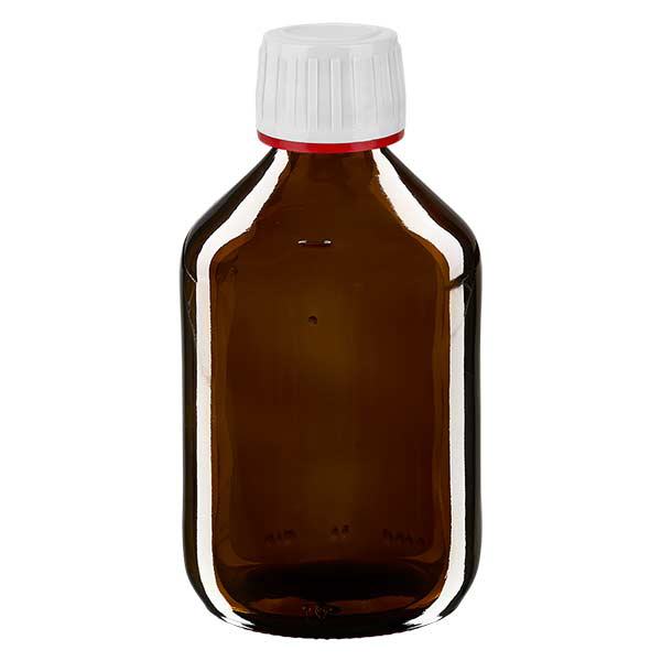 300 ml medicinflaske brun, hætte hvid med manipulationssikker ring rød ApoGlas. Farmaceutisk kvalitet fra EU-produktion. 28 mm (PP28) gevind. (sirup, let glasflaske)