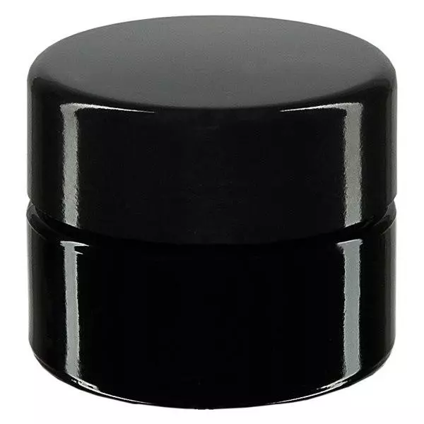 Kosmetikkrukke i violet glas 15 ml, med sort låg Kosmetikkrukke i violet glas 15 ml, med sort låg