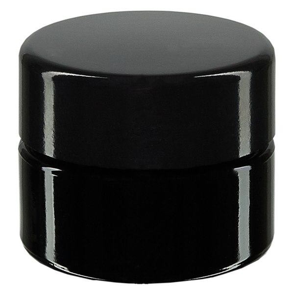 Kosmetikkrukke i violet glas 15 ml, med sort låg Kosmetikkrukke i violet glas 15 ml, med sort låg