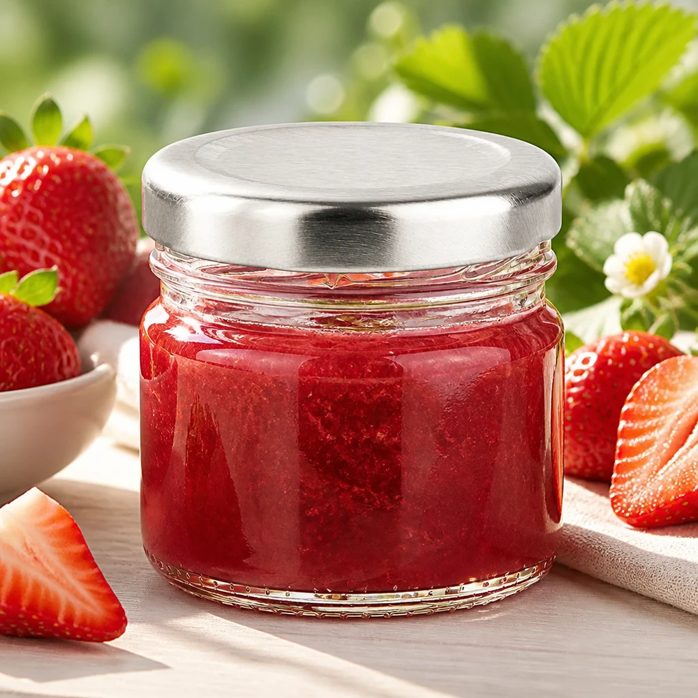 33 ml rund glasbeholder + BasicSeal-låg, sølvfarvet, UNiTWIST 33 ml rundt glas med BasicSeal-låg i sølv, fyldt med rød jordbærmarmelade og omgivet af friske jordbær