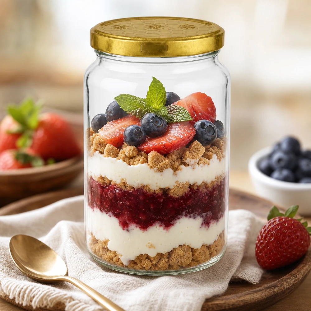 795 ml rund krukke + BasicSeal-låg honeycomb UNiTWIST 795 ml rundt glas med guldlåg som dessertglas til bærtrifli med yoghurt og drys