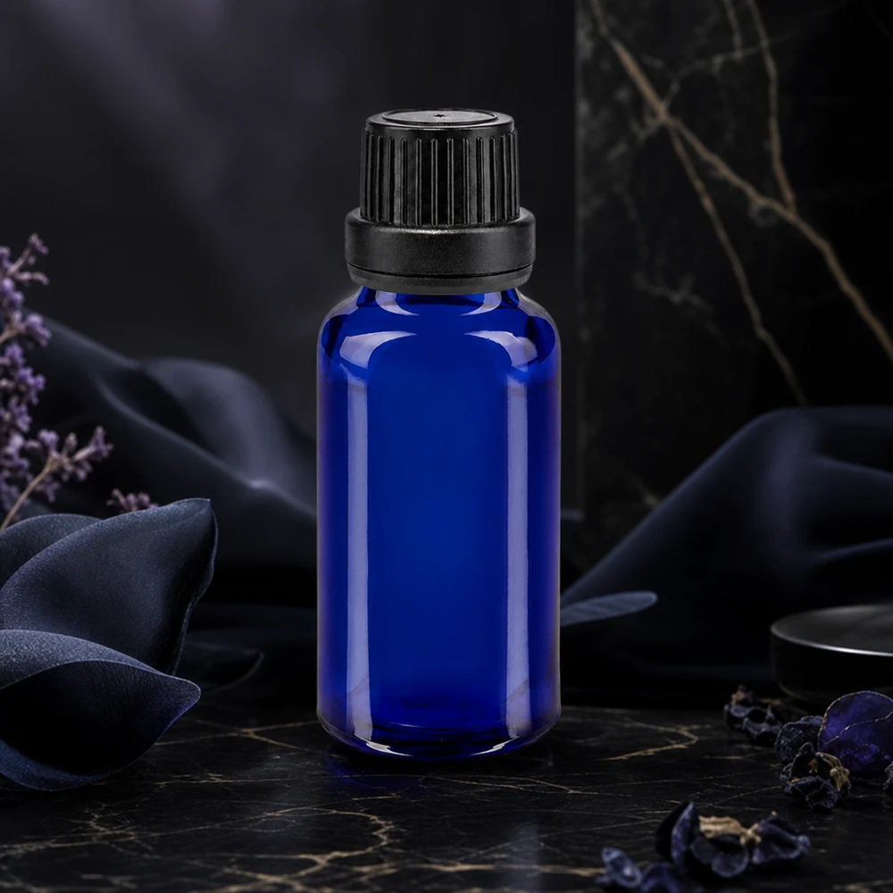 Apoteksflaske blå 20 ml skruelåg sort tæt OV Koboltblå 20 ml glasflaske med sort børnesikret låg (11 mm) til lægemidler