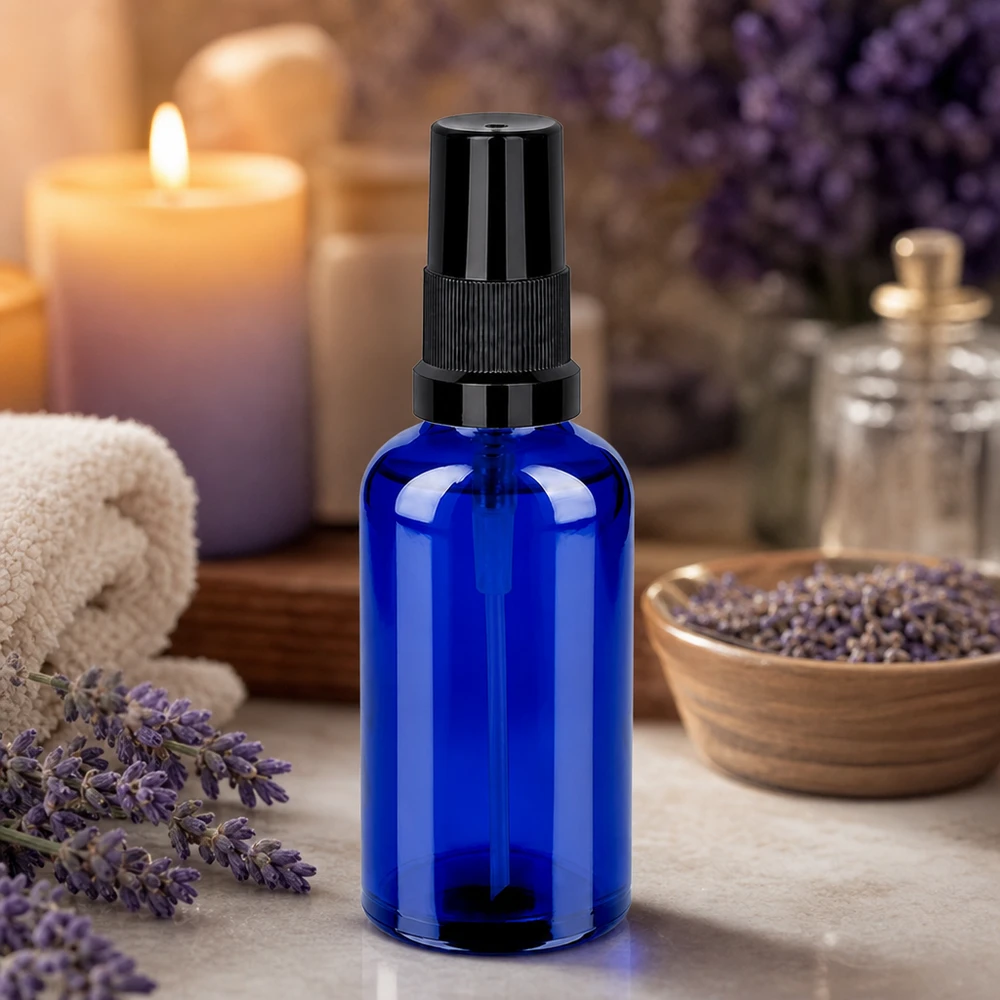 Kompakt 50 ml sprayflaske i elegant blå med ergonomisk sprayhoved for nem håndtering
