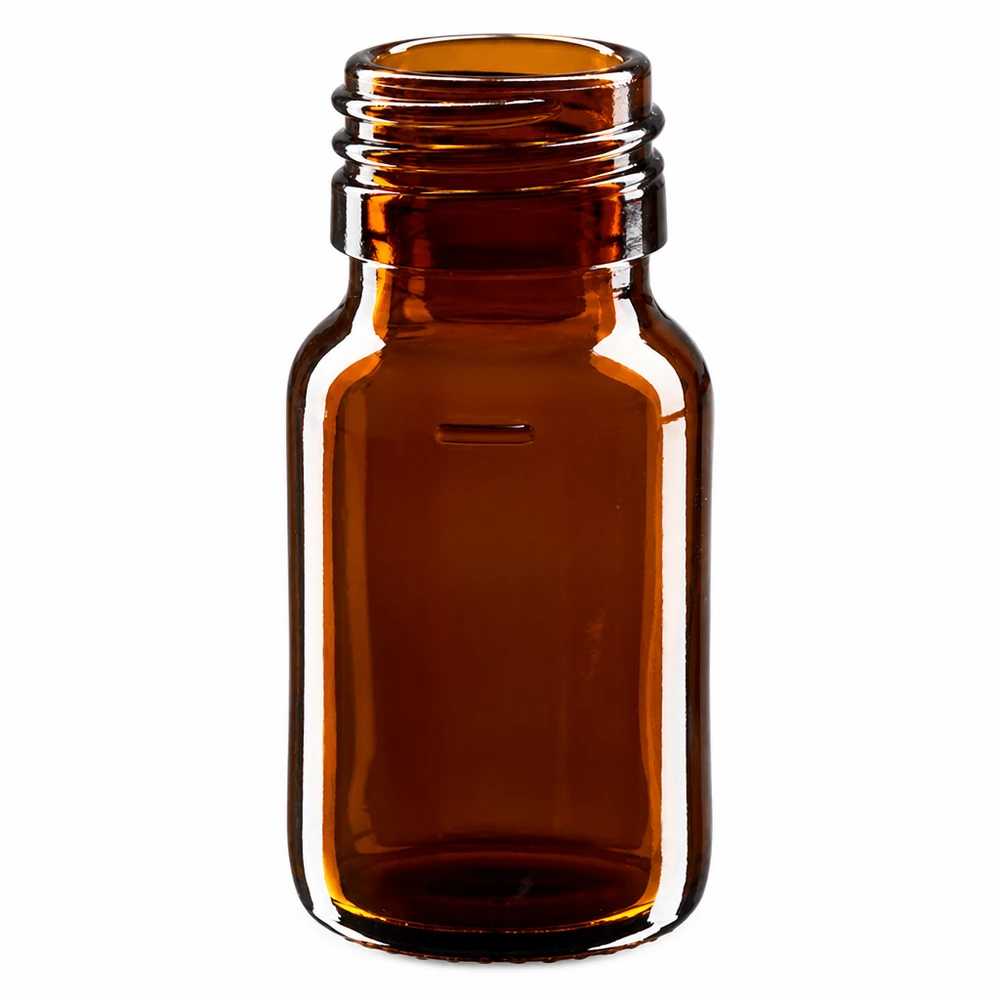 30 ml medicinflaske brun, uden hætte PP28 ApoGlas. Farmaceutisk kvalitet fra EU-produktion. 28 mm gevind. (sirup, let glasflaske) 30 ml ravfarvet glasflaske uden hætte til medicinske formål PP28-gevind