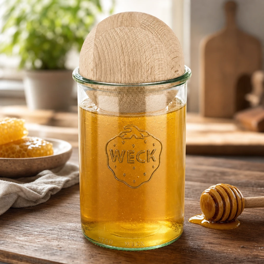 1000 ml Briller WECK RR100 med trækugle bøg WECK-glas 1000 ml fyldt med honning og bøgekuglelåg, honningske og honeycomb på træbord i naturkøkken
