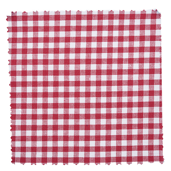 Smykkedug i stof bordeaux-ternet 120x120mm firkantet Bordeaux-hvidt ternet stofmønster på den 12 cm store smykkedug i nærbillede med gingham-design