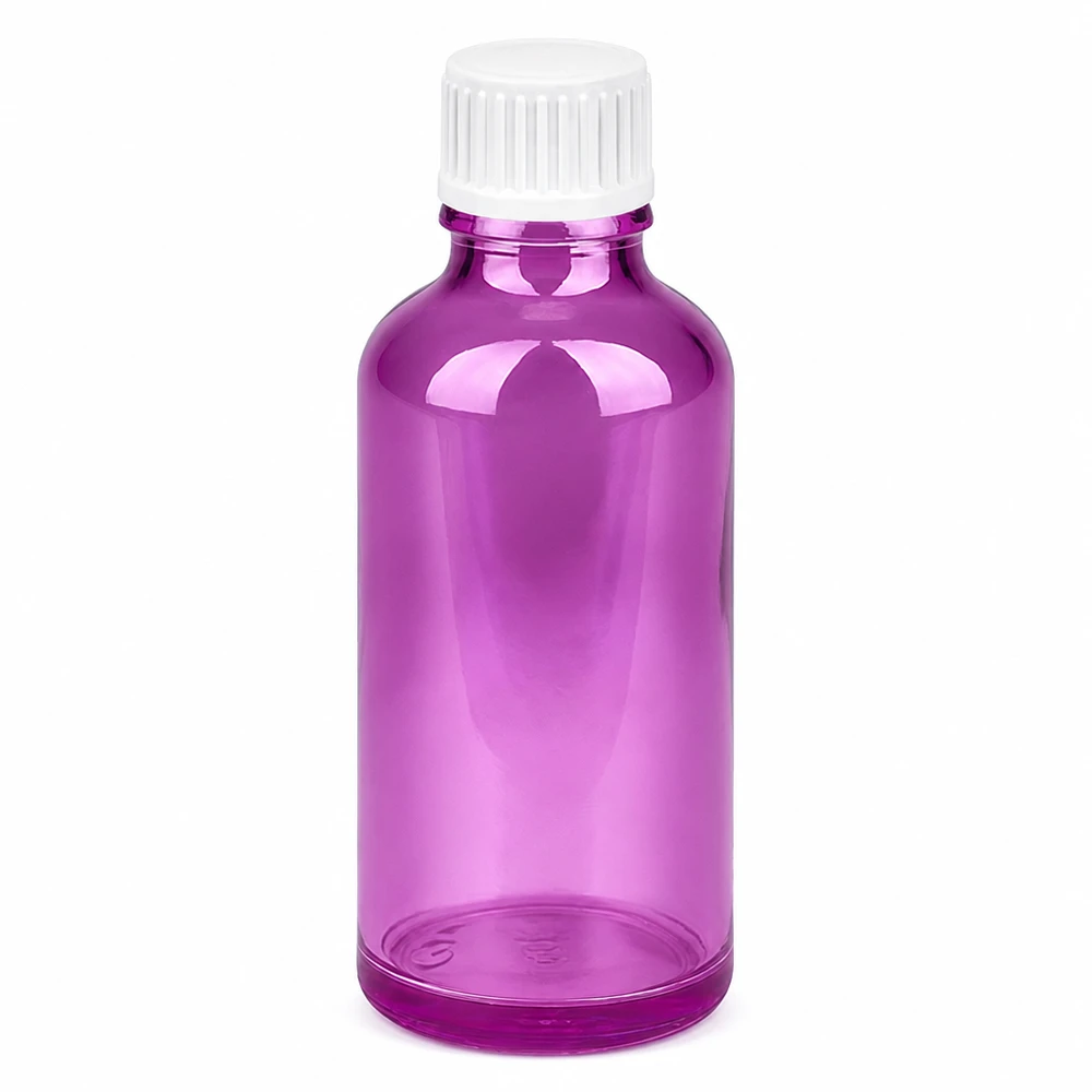 50 ml dråbeflaske 0,9 mm hvid standard PurpleLine. UT18/50 50 ml dråbeflaske i lilla transparent med hvid hætte til præcis dosering