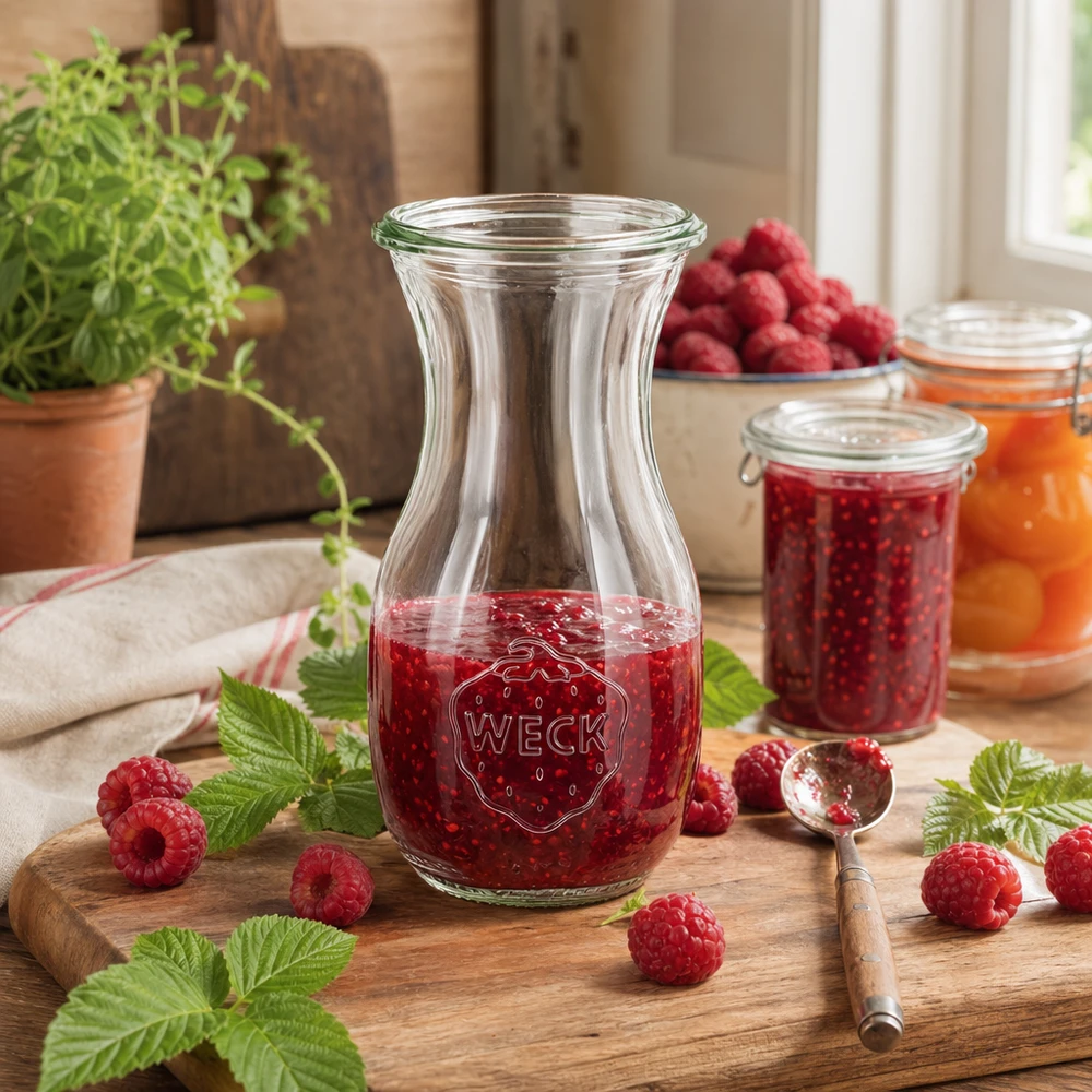 290 ml saftflaske WECK RR60 WECK juiceflaske 290 ml RR60 fyldt med hindbærmarmelade omgivet af friske hindbær og mynteblade på en træplade