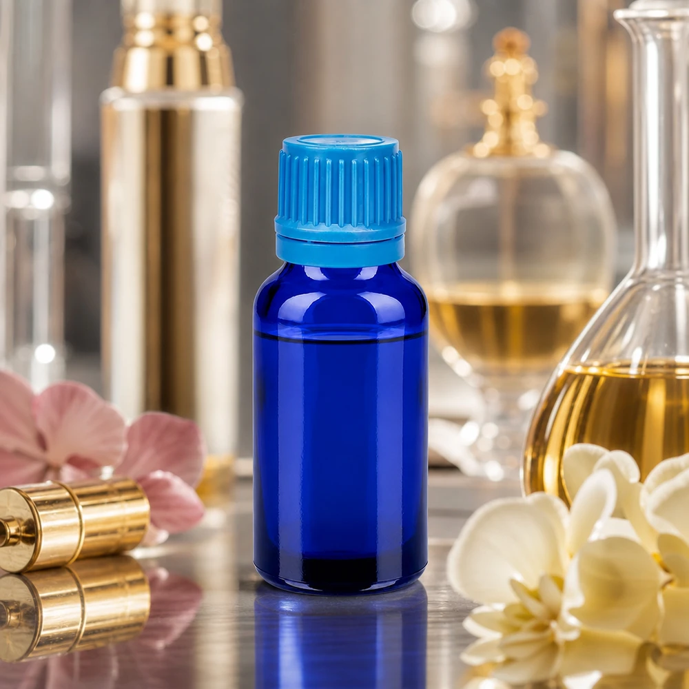 Elegant 20 ml flaske af robust koboltglas med praktisk dråbehætte til kosmetik