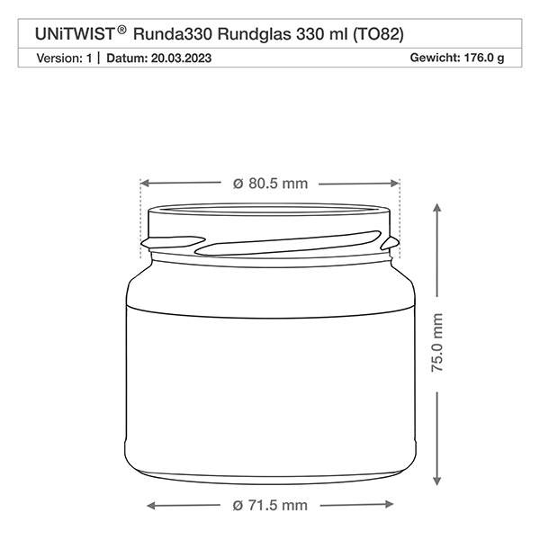 UNiTWIST Runda330 - Rundt glas med en kapacitet på 330 ml TO82 UNiTWIST Runda330 rundt glas 330ml TO82 teknisk tegning med mål diameter 71,5mm højde 75mm vægt 176g
