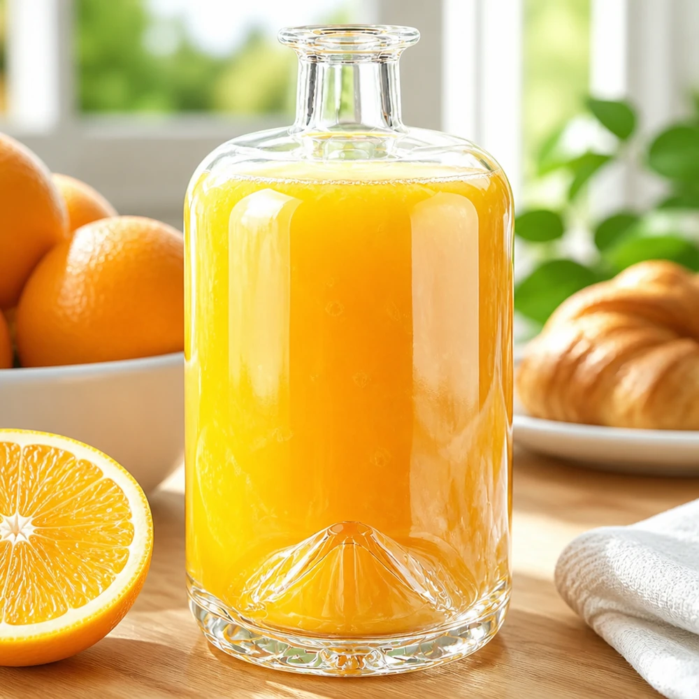 700 ml apoteksflaske »Sofia« uden lukning UNiTWIST® 700 ml glasflaske med Sofia fyldt med appelsinjuice ved siden af friske appelsiner og croissanter i en solrig morgenmadsscene
