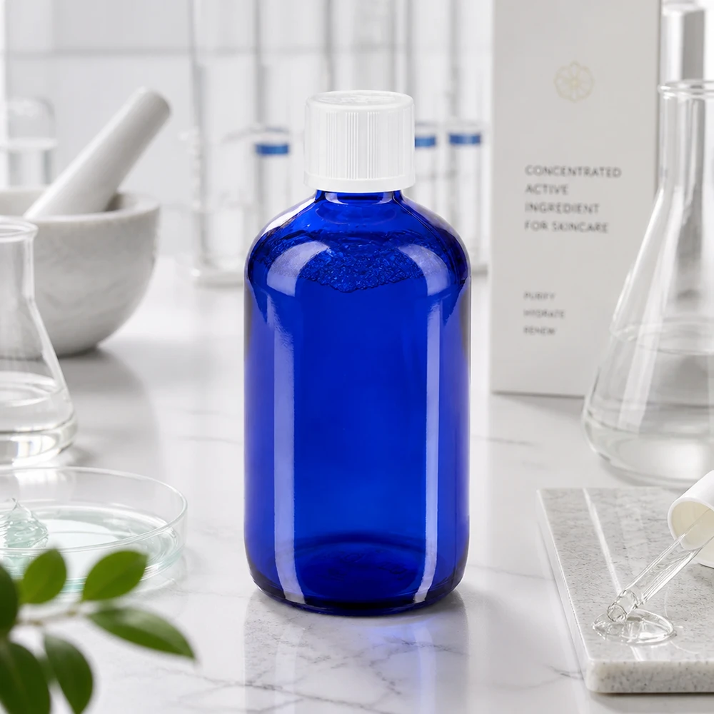 Koboltblå apotekerflaske på 100 ml med hvid skruelåg på en marmorplade i laboratoriet