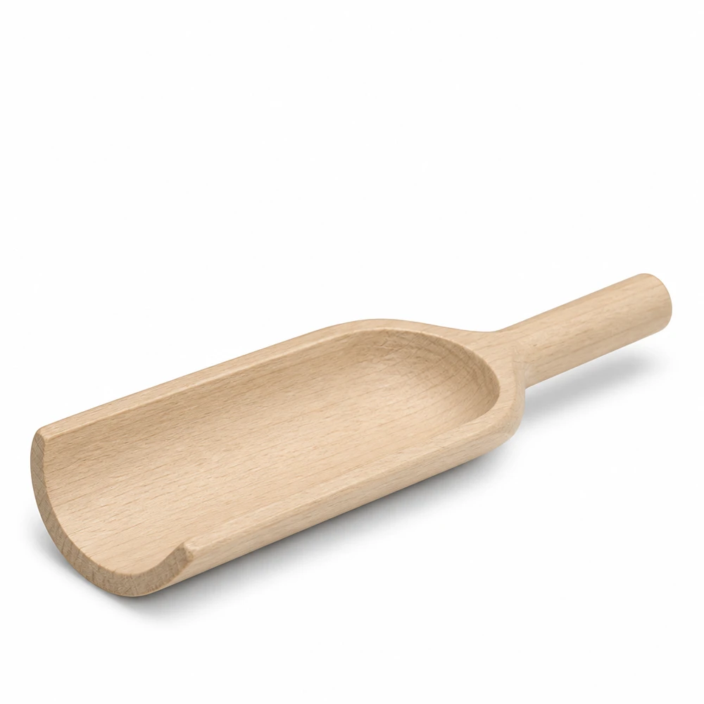 Træspade L 18 cm flad form set fra siden viser ergonomisk håndtag og spadeblad lavet af naturtræ