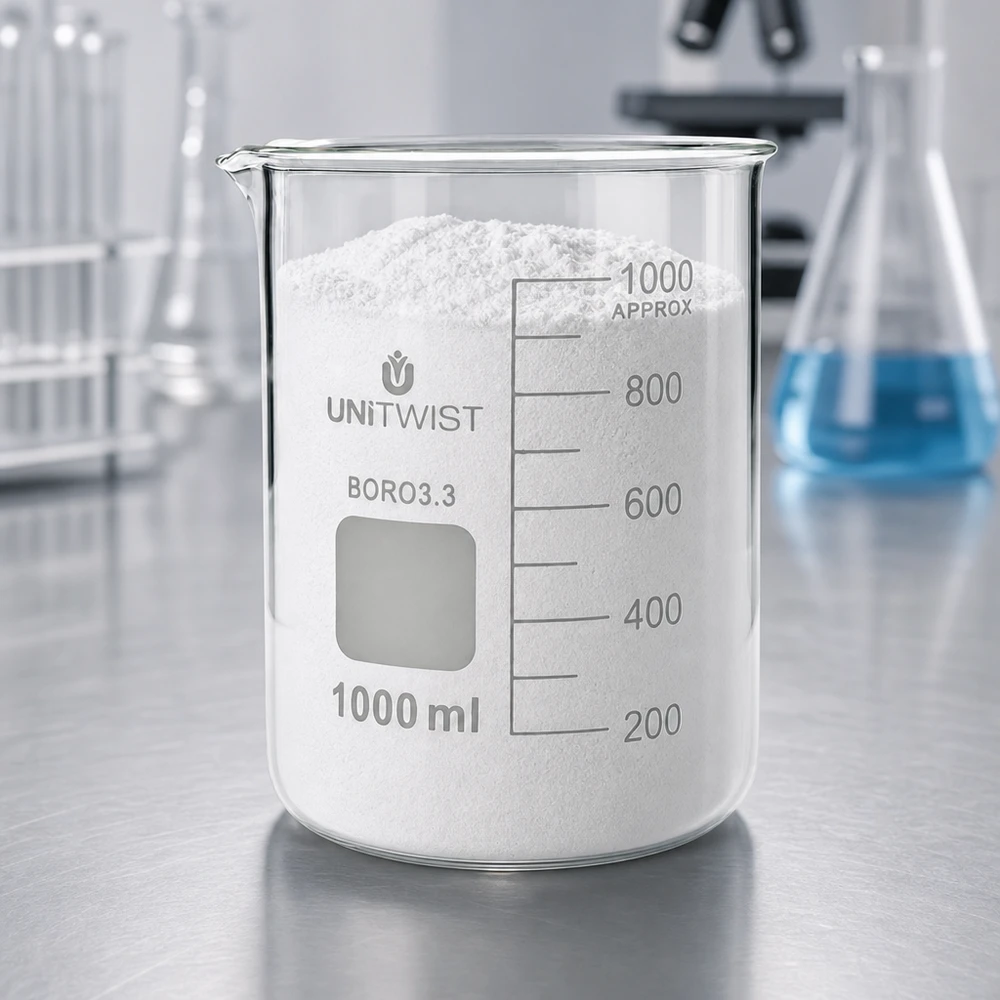 Bæger 1000 ml borosilikat, lav form UNiTWIST UNiTWIST 1000 ml bägerglas af borosilikatglas med lav profil, fyldt med hvidt pulver i laboratoriet