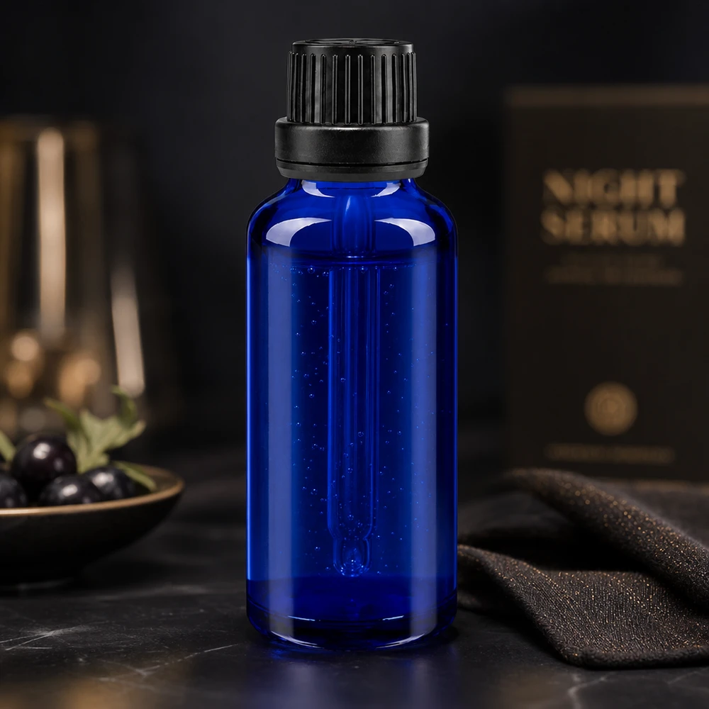 Apoteksflaske blå 30ml dryp v. Pr. 2mm sort OV Elegant 30 ml dråbeflaske af koboltblåt apotekerglas med riflet skruelåg i sort