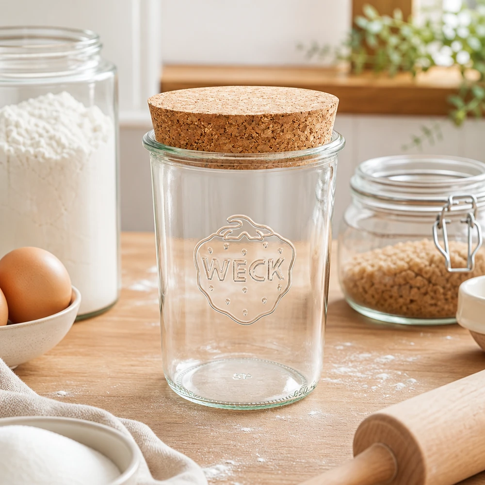 850 ml Briller WECK RR100 med kork natur WECK glas 850 ml RR100 med naturkork på køkkenbordet mellem mel, æg og bageredskaber Køkkenscene