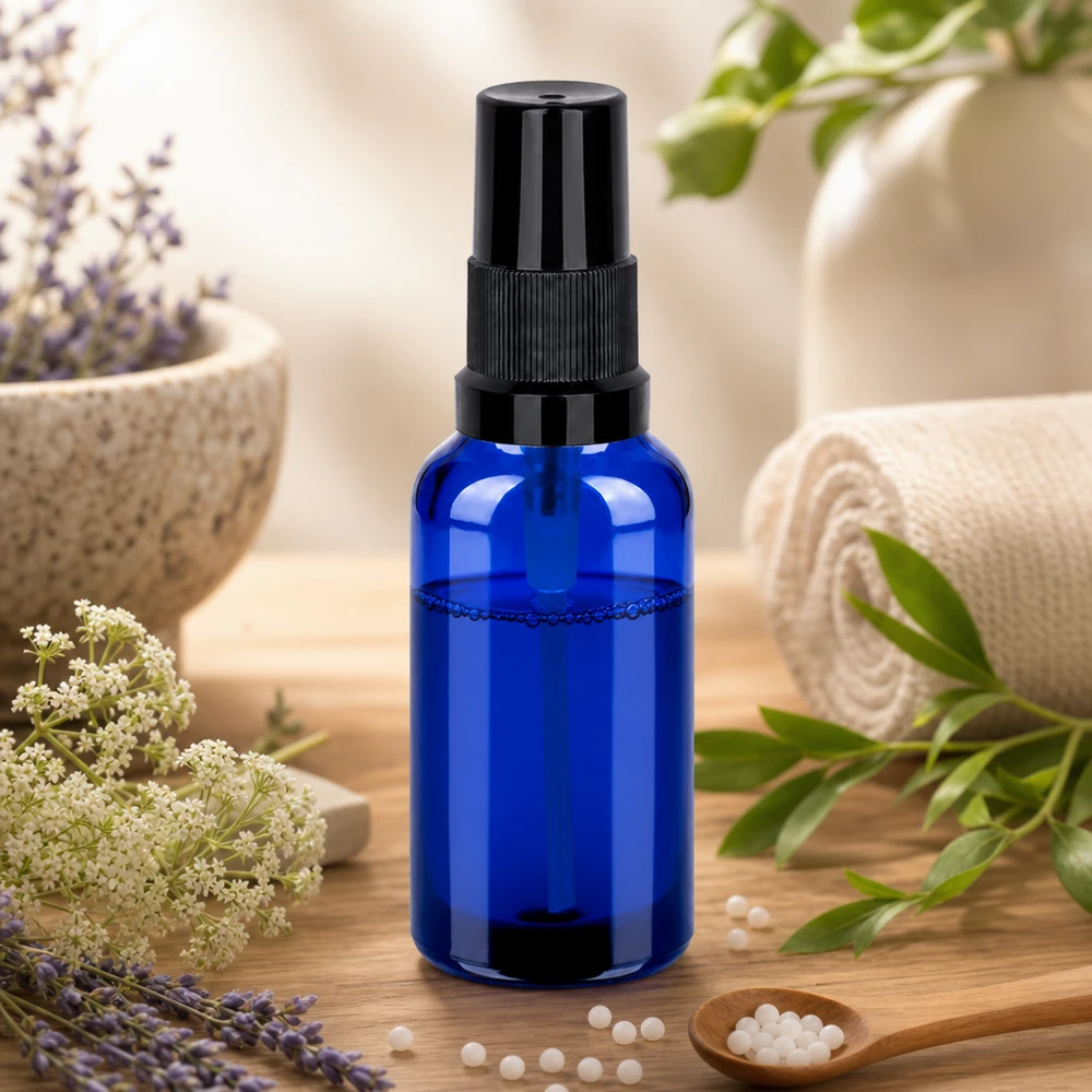 Praktisk 30 ml sprayflaske af blåt glas med robust sort sprayhoved til smagsblandinger
