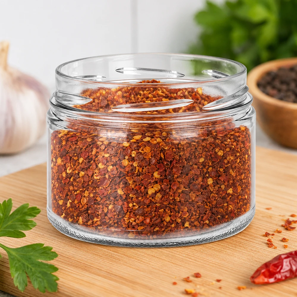 UNiTWIST Runda540 - Briller med en kapacitet på 540 ml TO100 UNiTWIST Runda540 bægre 540ml TO100 fyldt med chilikrydderiblanding paprika flager køkkenbord opbevar krydderier