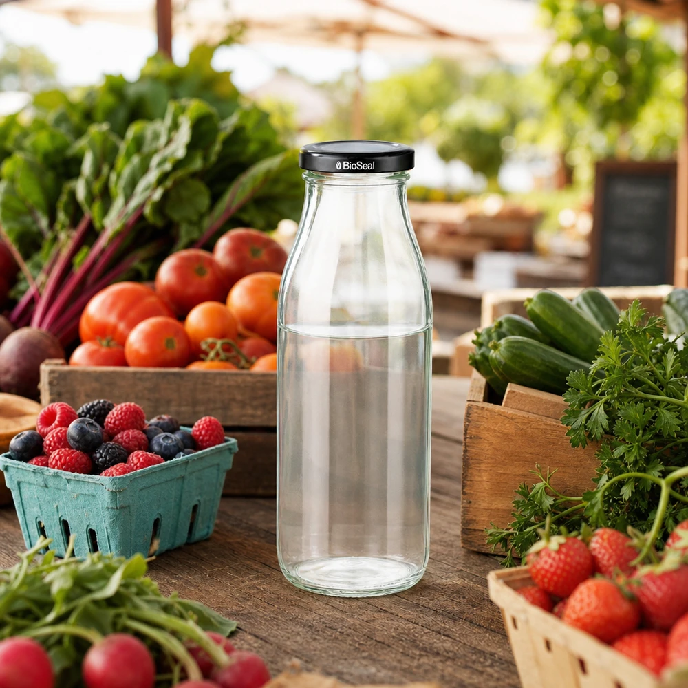 500 ml glasflaske + BioSeal-låg sort UNiTWIST. Absolut lækagesikker med stort TO48-låg. Til mælk, juice og limonade. 500ml Glasflasche mit BioSeal Deckel zwischen frischem Marktgemüse Beeren und Kräutern in natürlicher Umgebung
