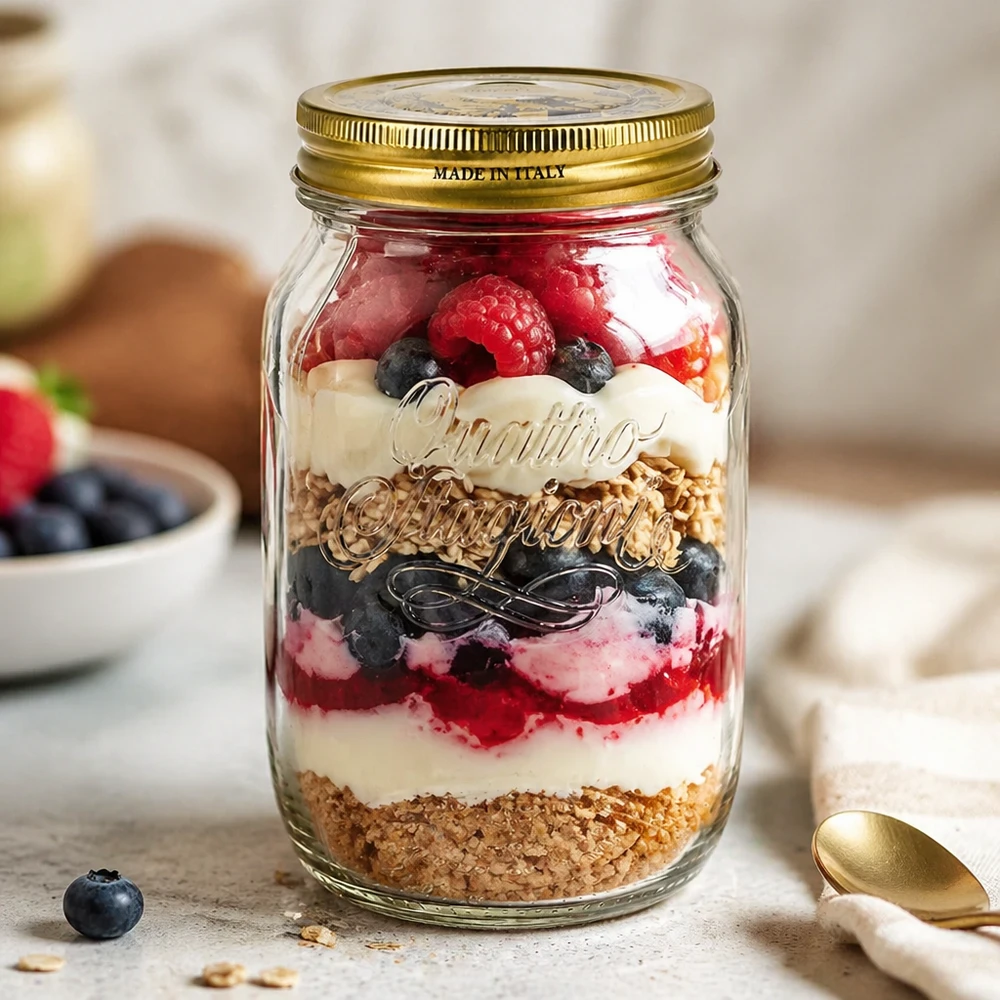 1000 ml rund krukke "Quattro Stagioni" med låg Quattro Stagioni 1000 ml krukke fyldt med lagdelt dessert bær yoghurt granola Italiensk syltekrukke Anvendelse