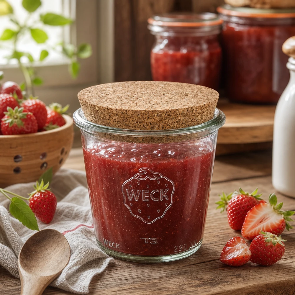 290 ml høje Briller WECK RR80 med kork natur WECK syltetøjsglas 290 ml med korklåg fyldt med jordbærmarmelade i rustikt køkken med friske jordbær