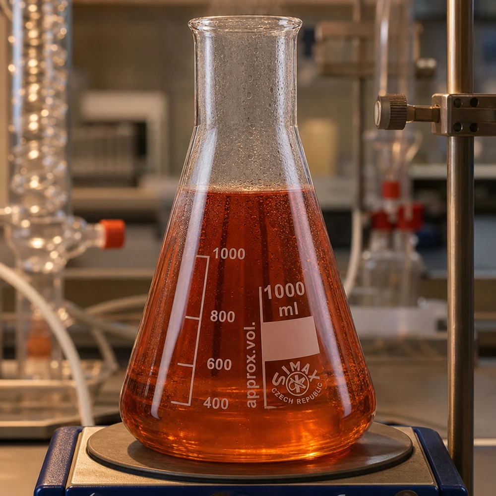 Erlenmeyer-kolbe 100 ml med bred hals Erlenmeyer-kolbe 100 ml med bred hals og rødt kemikalie på laboratorievægten til kvantitativ analyse