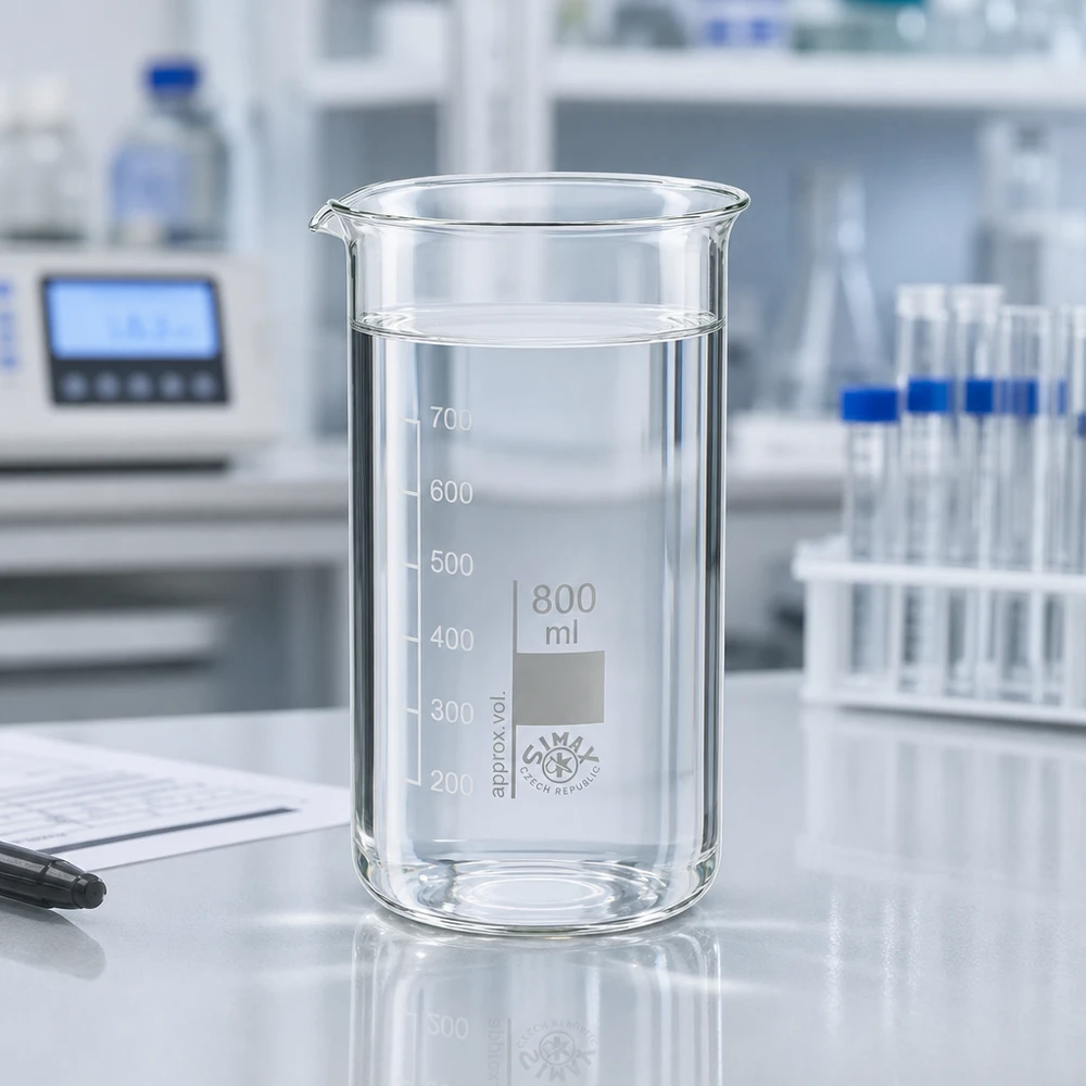 Bægerglas 800 ml borosilikatglas, høj form Becherglas på 800 ml, høj model, med klar væske op til et fyldningsniveau på 700 ml på et hvidt laboratoriebord