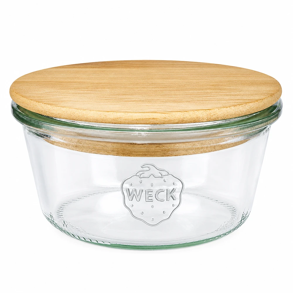 290 ml Briller lav WECK RR100 med trælåg WECK tumblingkrukke 290 ml lav RR100 med rundt trælåg lavet af bambus, konserveringskrukke med WECK-logo på hvid baggrund