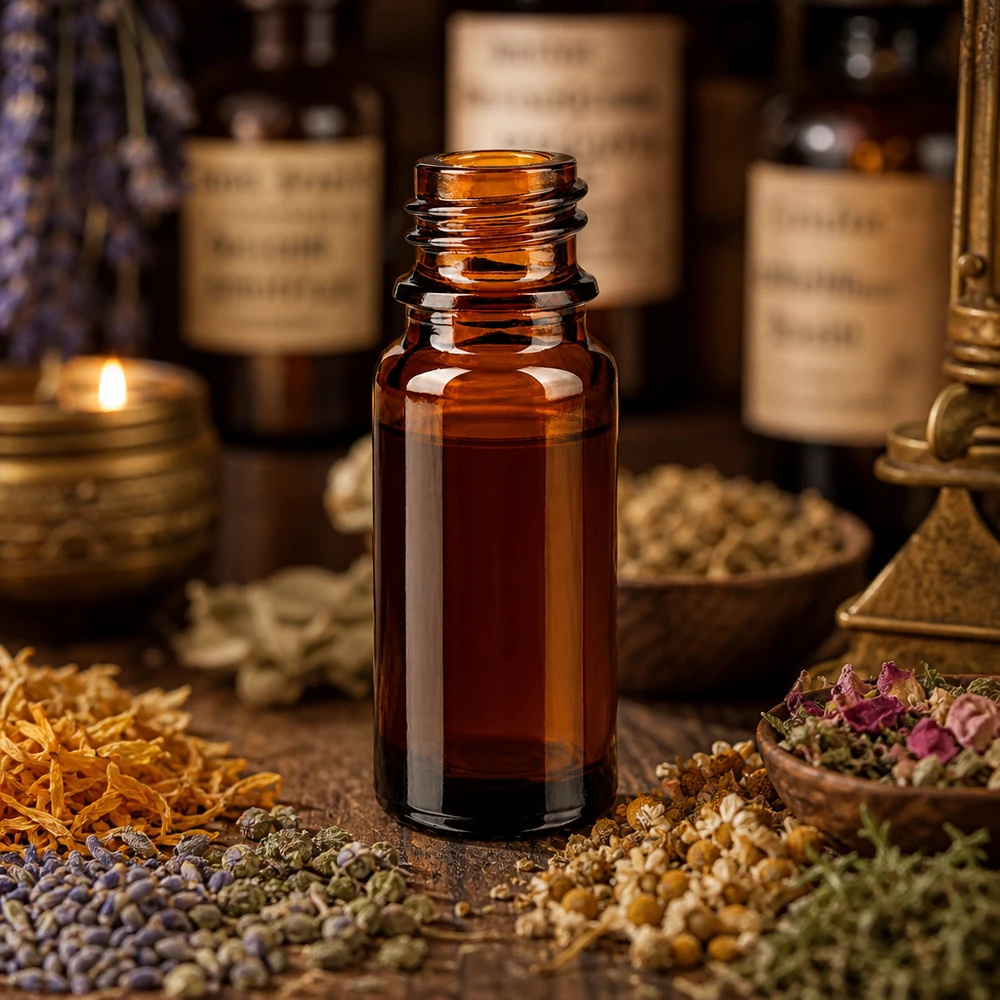 Dropperflaske 10 ml DIN 18 lavet af ravfarvet glas 10 ml brun apoteksflaske ApoGlas mellem tørrede urter og krydderier i traditionelt apotek