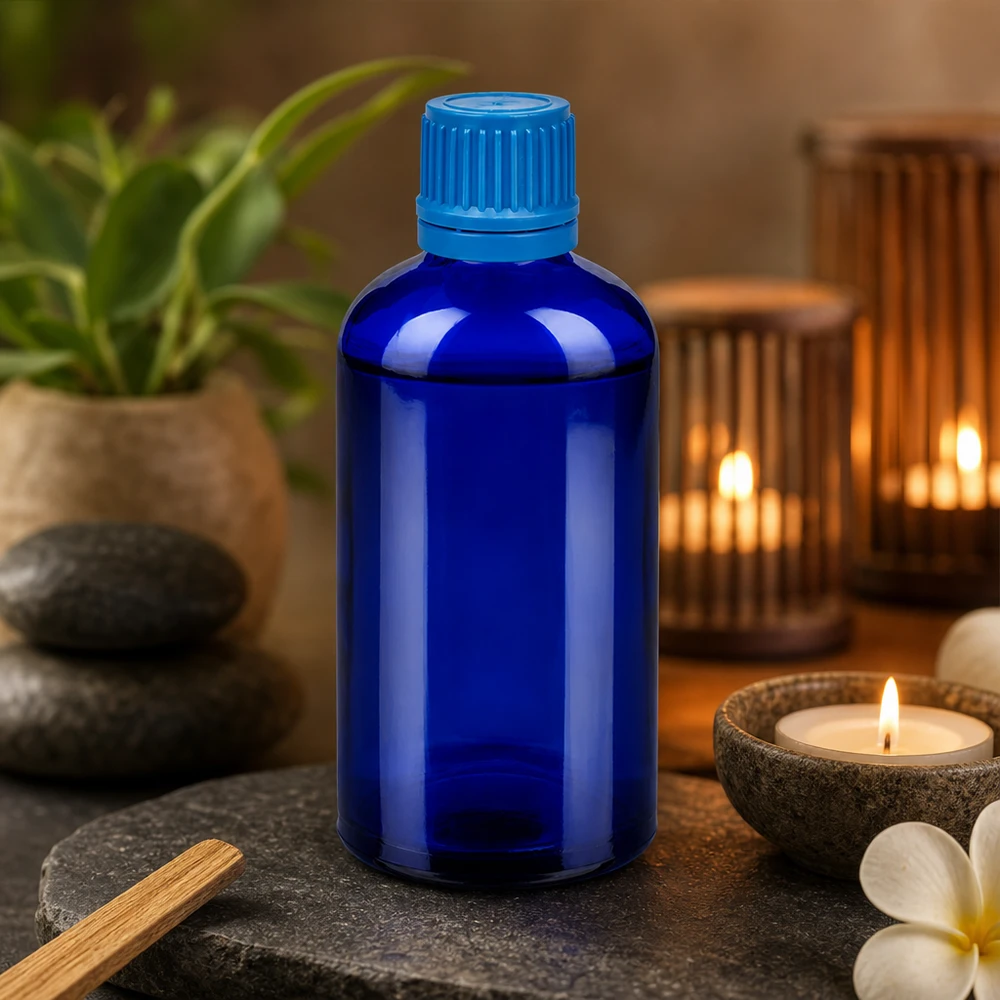Professionel 100 ml BlueLine-flaske med UT18-gevind til æteriske olier og wellness-produkter