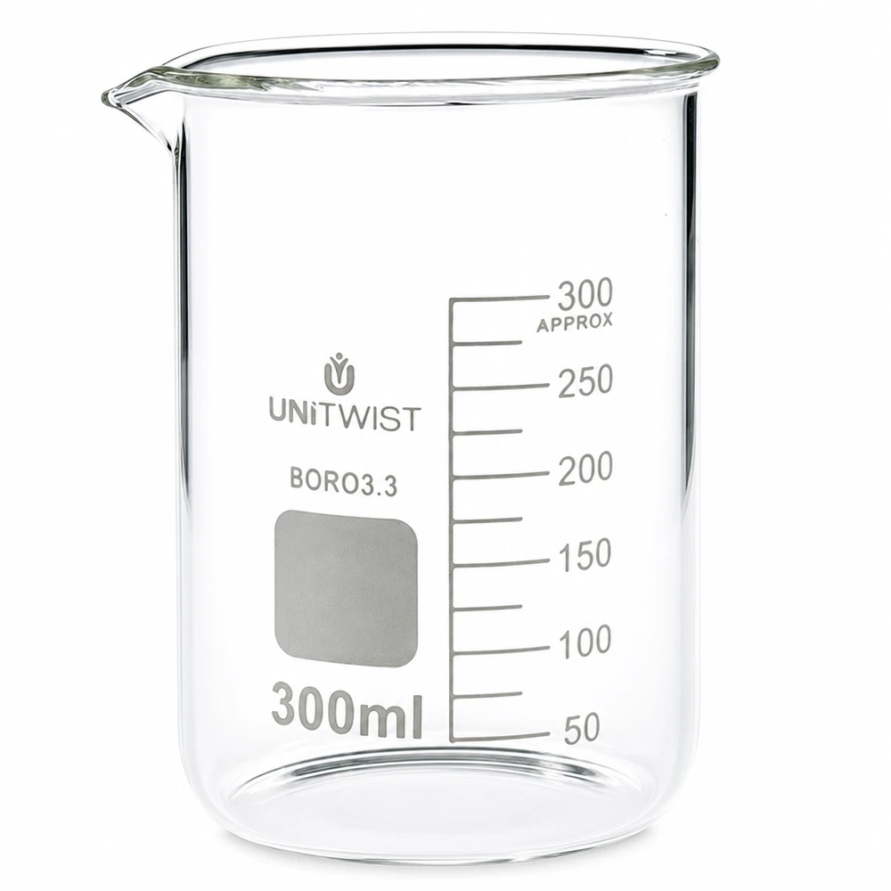 Bæger 300 ml borosilikat, lav form UNiTWIST 300 ml beger af borosilikatglas i lav form fra UNiTWIST på hvid baggrund